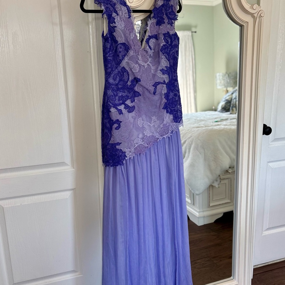 Tadashi Shoji One-Shoulder Lavender and Royal Purple Lace Gown